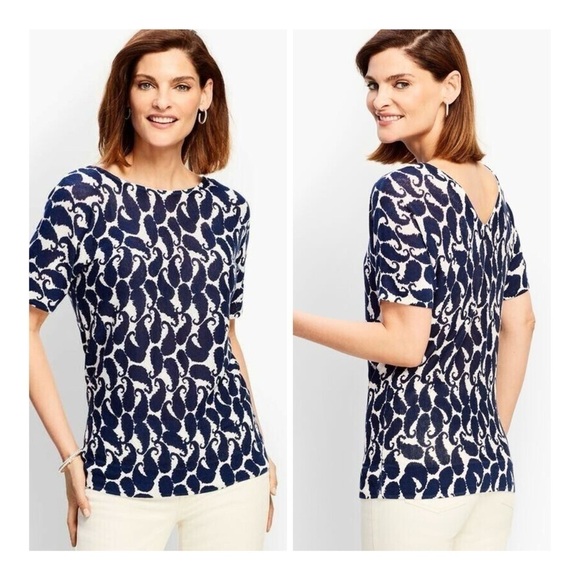 Talbots Blue Shadow Paisley Lightweight V-Back Linen Blend Short Sleeve Sweater - Picture 1 of 10